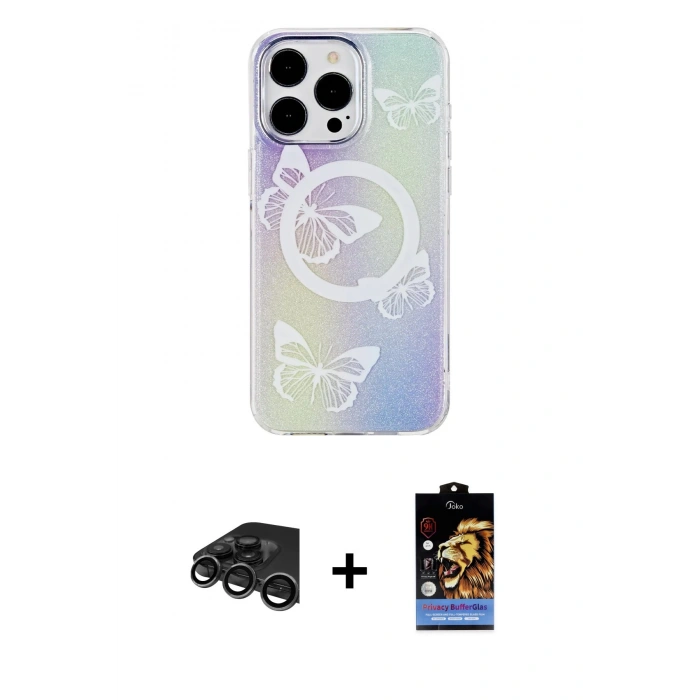 MARSİLYAN™- iPhone 15 Pro Max Kılıf Pusula Form - Siyah Buffer Hayalet Cam Ekran Koruyucu + Raze Metal Kamera Lens - TMGI