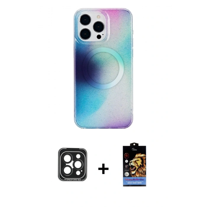 MARSİLYAN™- iPhone 15 Pro Max Kılıf Pusula Form - Siyah Buffer Hayalet Cam Ekran Koruyucu + PVD Metal Kamera Lens - SH