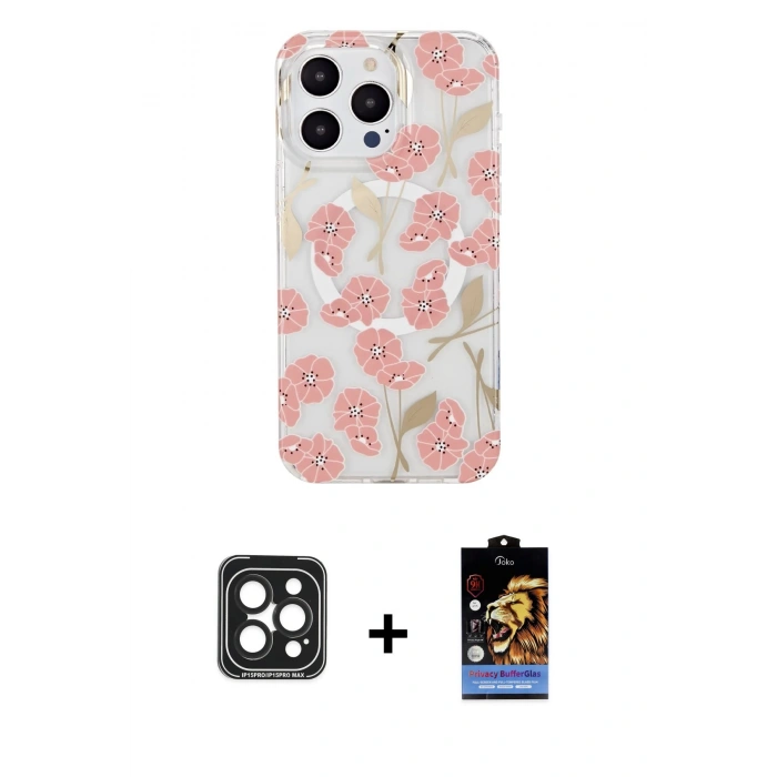 MARSİLYAN™- iPhone 15 Pro Max Kılıf Pusula Form - Siyah Buffer Hayalet Cam Ekran Koruyucu + PVD Metal Kamera Lens - SH
