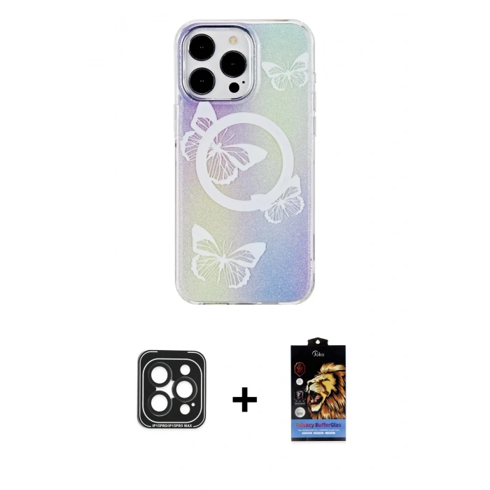 MARSİLYAN™- iPhone 15 Pro Max Kılıf Pusula Form - Siyah Buffer Hayalet Cam Ekran Koruyucu + PVD Metal Kamera Lens - SH