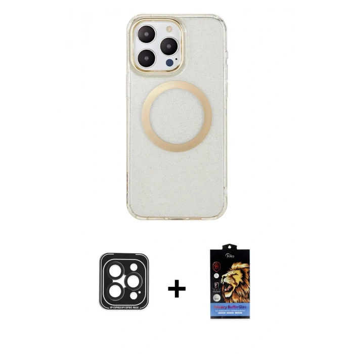 MARSİLYAN™- iPhone 15 Pro Max Kılıf Pusula Form - Siyah Buffer Hayalet Cam Ekran Koruyucu + PVD Metal Kamera Lens - SH