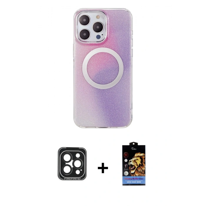 MARSİLYAN™- iPhone 15 Pro Max Kılıf Pusula Form - Siyah Buffer Hayalet Cam Ekran Koruyucu + PVD Metal Kamera Lens - SH