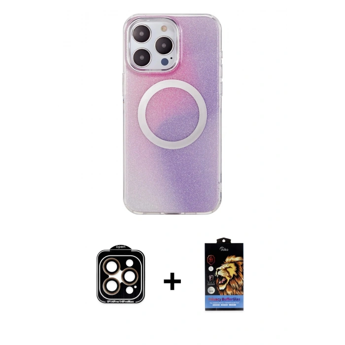 MARSİLYAN™- iPhone 15 Pro Max Kılıf Pusula Form - Siyah Buffer Hayalet Cam Ekran Koruyucu + Turuncu PVD Metal Kamera Lens