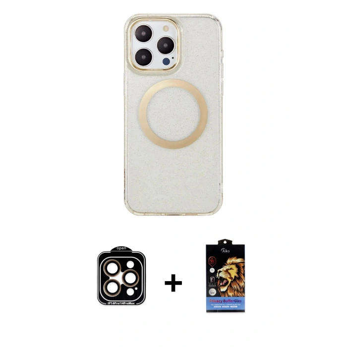 MARSİLYAN™- iPhone 15 Pro Max Kılıf Pusula Form - Siyah Buffer Hayalet Cam Ekran Koruyucu + Turuncu PVD Metal Kamera Lens