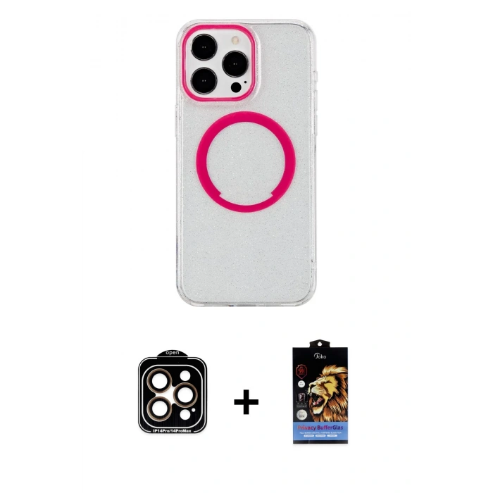MARSİLYAN™- iPhone 15 Pro Max Kılıf Pusula Form - Siyah Buffer Hayalet Cam Ekran Koruyucu + Turuncu PVD Metal Kamera Lens