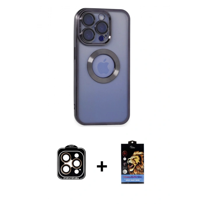 MARSİLYAN™- iPhone 15 Pro Max Kılıf Pusula Form - Siyah Buffer Hayalet Cam Ekran Koruyucu + PVD Metal Kamera Lens - TU