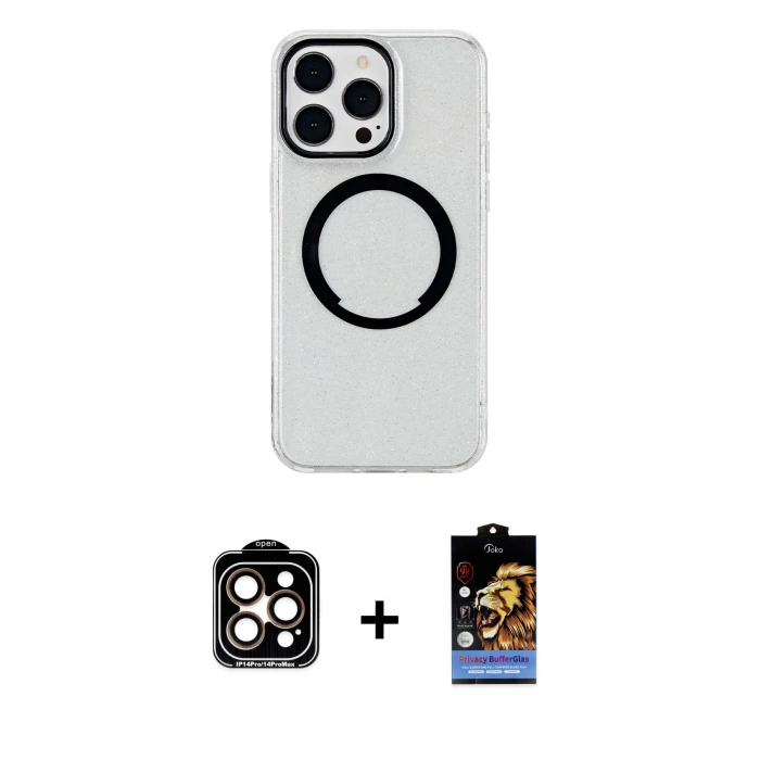 MARSİLYAN™- iPhone 15 Pro Max Kılıf Pusula Form - Siyah Buffer Hayalet Cam Ekran Koruyucu + Turuncu PVD Metal Kamera Lens