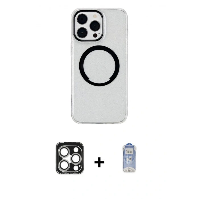 MARSİLYAN™- iPhone 15 Pro Max Kılıf Pusula Form - Siyah Joko Magic 5D Cam + PVD Metal Kamera Lens - GS
