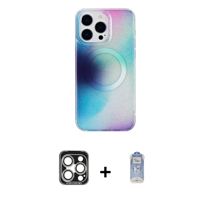MARSİLYAN™- iPhone 15 Pro Max Kılıf Pusula Form - Siyah Joko Magic 5D Cam + PVD Metal Kamera Lens - GS