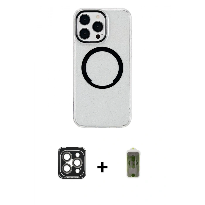MARSİLYAN™- iPhone 15 Pro Max Kılıf Pusula Form - Siyah Joko Magic 5D Hayalet Cam + Gri PVD Metal Kamera Lens