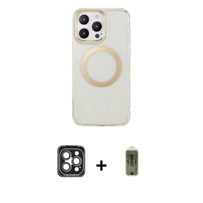 MARSİLYAN™- iPhone 15 Pro Max Kılıf Pusula Form - Siyah Joko Magic 5D Hayalet Cam + Gri PVD Metal Kamera Lens