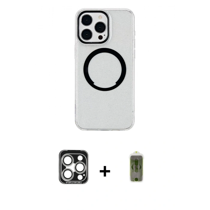 MARSİLYAN™- iPhone 15 Pro Max Kılıf Pusula Form - Siyah Joko Magic 5D Hayalet Cam + PVD Metal Kamera Lens - GS