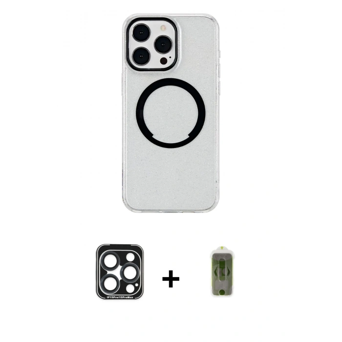 MARSİLYAN™- iPhone 15 Pro Max Kılıf Pusula Form - Siyah Joko Magic 5D Hayalet Cam + PVD Metal Kamera Lens - LT