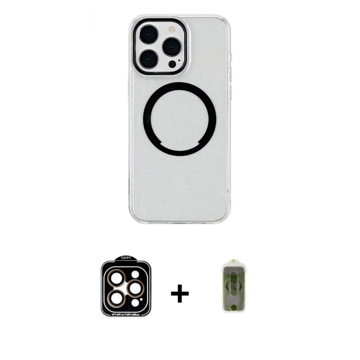 MARSİLYAN™- iPhone 15 Pro Max Kılıf Pusula Form - Siyah Joko Magic 5D Hayalet Cam + Turuncu PVD Metal Kamera Lens