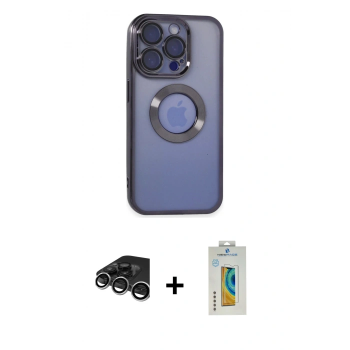 MARSİLYAN™- iPhone 15 Pro Max Kılıf Pusula Form - Siyah Polymer Nano Ekran Koruyucu + Raze Metal Kamera Lens - GS