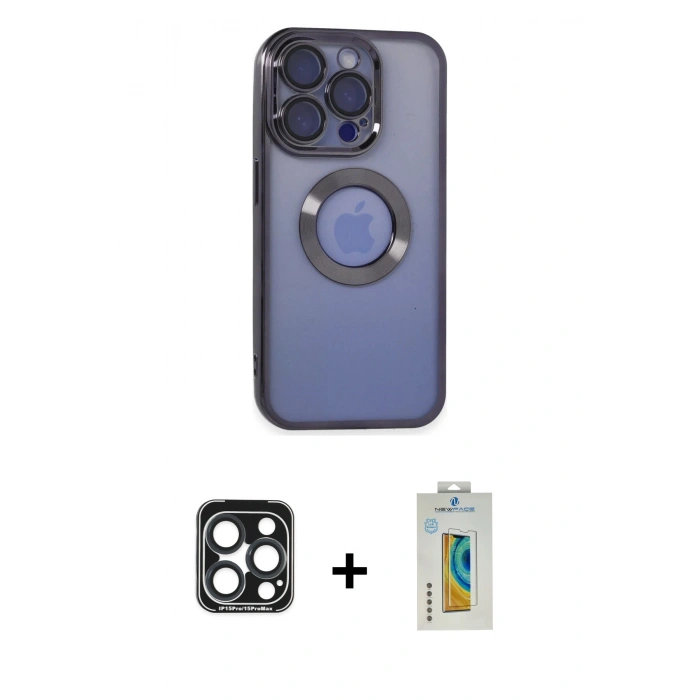 MARSİLYAN™- iPhone 15 Pro Max Kılıf Pusula Form - Siyah Polymer Nano Ekran Koruyucu + PVD Metal Kamera Lens - LT
