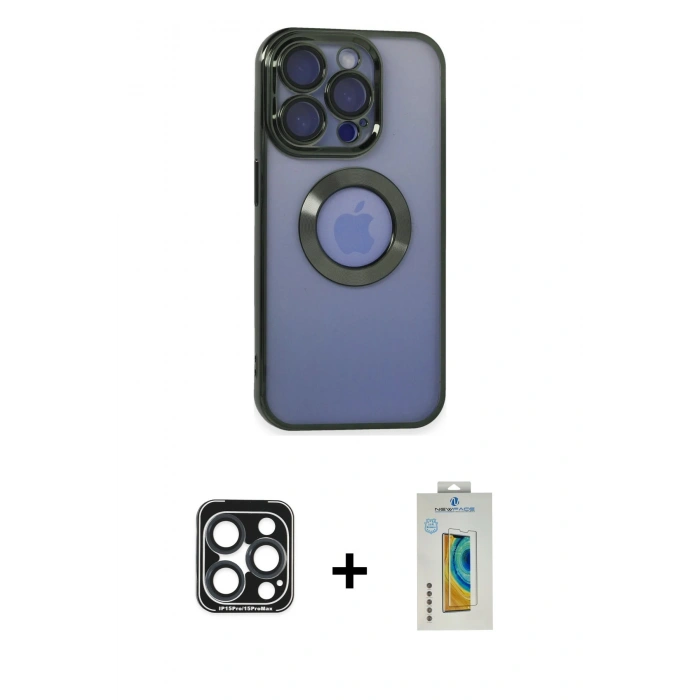 MARSİLYAN™- iPhone 15 Pro Max Kılıf Pusula Form - Siyah Polymer Nano Ekran Koruyucu + PVD Metal Kamera Lens - LT