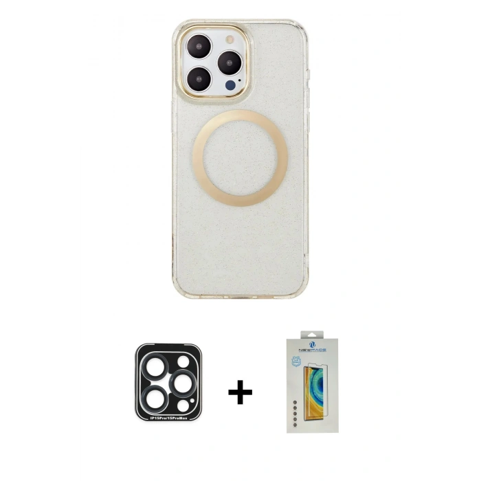 MARSİLYAN™- iPhone 15 Pro Max Kılıf Pusula Form - Siyah Polymer Nano Ekran Koruyucu + PVD Metal Kamera Lens - LT