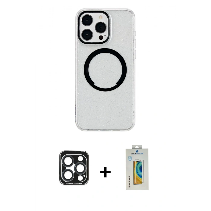 MARSİLYAN™- iPhone 15 Pro Max Kılıf Pusula Form - Siyah Polymer Nano Ekran Koruyucu + PVD Metal Kamera Lens - LT