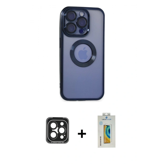 MARSİLYAN™- iPhone 15 Pro Max Kılıf Pusula Form - Siyah Polymer Nano Ekran Koruyucu + PVD Metal Kamera Lens - SH