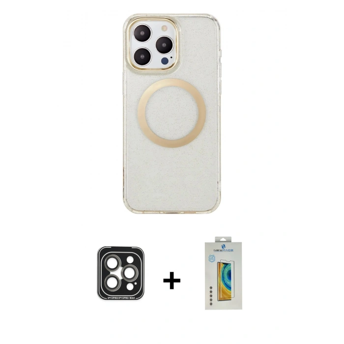 MARSİLYAN™- iPhone 15 Pro Max Kılıf Pusula Form - Siyah Polymer Nano Ekran Koruyucu + PVD Metal Kamera Lens - GI