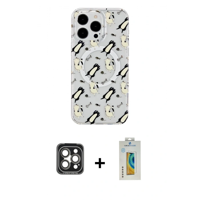 MARSİLYAN™- iPhone 15 Pro Max Kılıf Pusula Form - Siyah Polymer Nano Ekran Koruyucu + PVD Metal Kamera Lens - GI