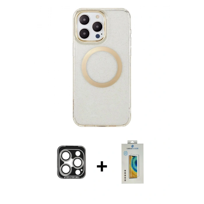 MARSİLYAN™- iPhone 15 Pro Max Kılıf Pusula Form - Siyah Polymer Nano Ekran Koruyucu + PVD Metal Kamera Lens - GS