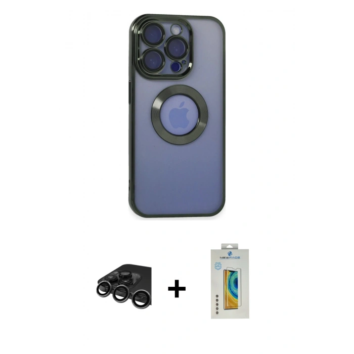MARSİLYAN™- iPhone 15 Pro Max Kılıf Pusula Form - Siyah Polymer Nano Ekran Koruyucu + Raze Metal Kamera Lens - TMGI