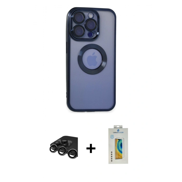 MARSİLYAN™- iPhone 15 Pro Max Kılıf Pusula Form - Siyah Polymer Nano Ekran Koruyucu + Raze Metal Kamera Lens - TMGI