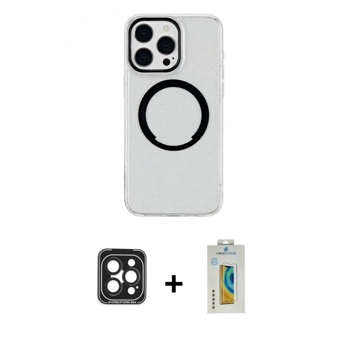 MARSİLYAN™- iPhone 15 Pro Max Kılıf Pusula Form - Siyah Polymer Nano Ekran Koruyucu + Siyah PVD Metal Kamera Lens