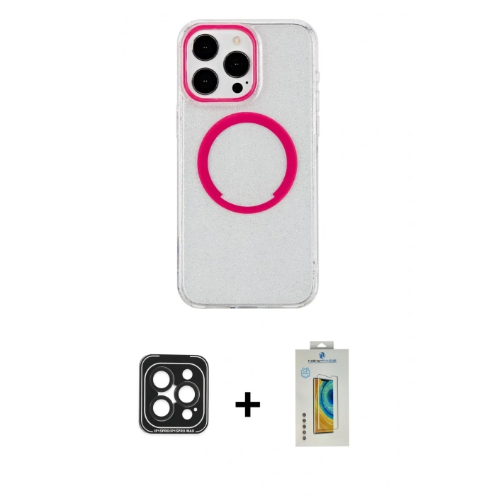 MARSİLYAN™- iPhone 15 Pro Max Kılıf Pusula Form - Siyah Polymer Nano Ekran Koruyucu + Siyah PVD Metal Kamera Lens