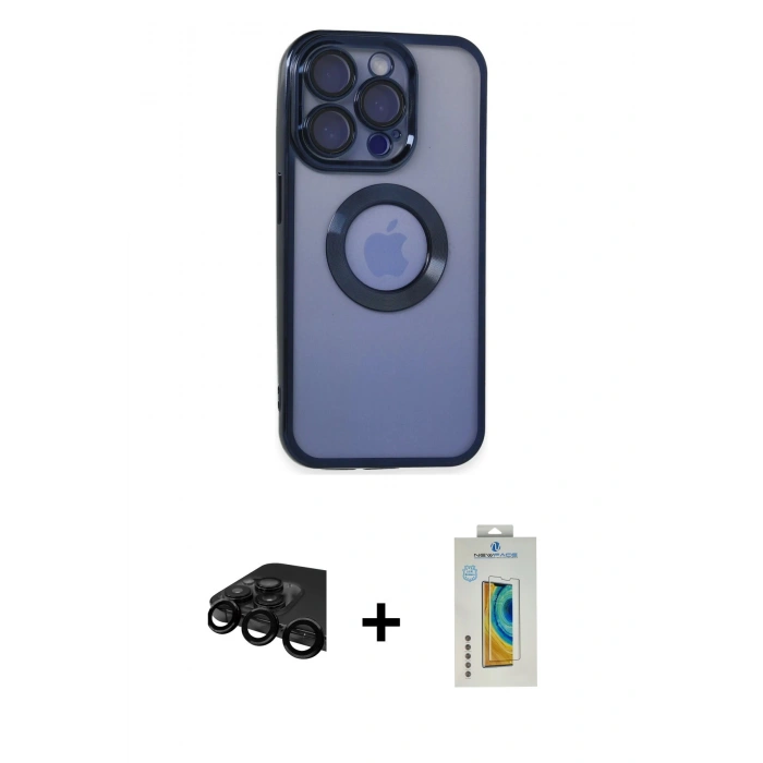 MARSİLYAN™- iPhone 15 Pro Max Kılıf Pusula Form - Siyah Polymer Nano Ekran Koruyucu + Raze Metal Kamera Lens - SH