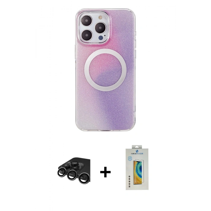 MARSİLYAN™- iPhone 15 Pro Max Kılıf Pusula Form - Siyah Polymer Nano Ekran Koruyucu + Raze Metal Kamera Lens - TMGI