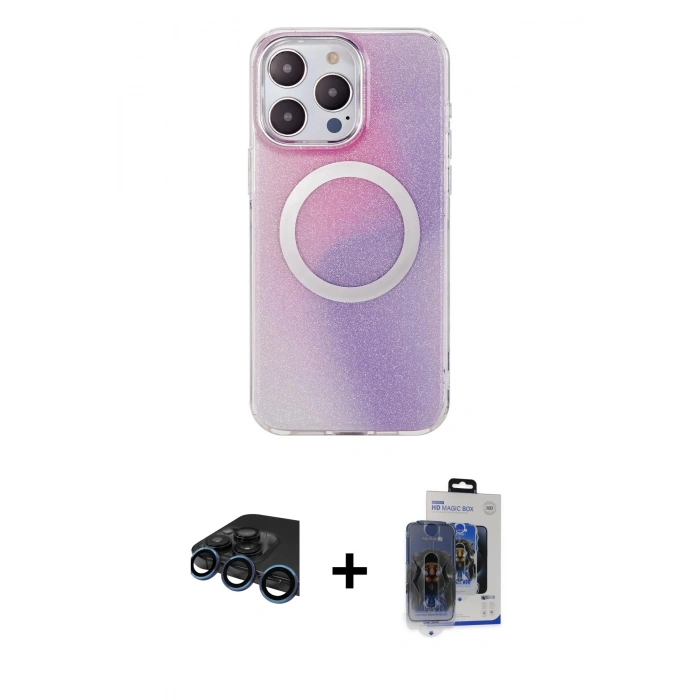 MARSİLYAN™- iPhone 15 Pro Max Kılıf Pusula Form - Siyah Vanessa Magic Cam + Raze Metal Kamera Lens - LT