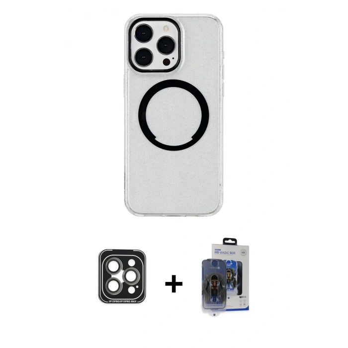 MARSİLYAN™- iPhone 15 Pro Max Kılıf Pusula Form - Siyah Vanessa Magic Cam + PVD Metal Kamera Lens - GI