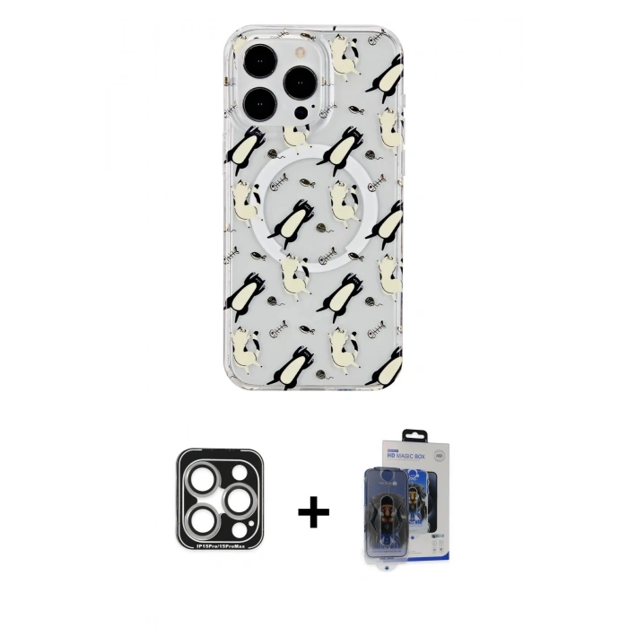 MARSİLYAN™- iPhone 15 Pro Max Kılıf Pusula Form - Siyah Vanessa Magic Cam + PVD Metal Kamera Lens - GS
