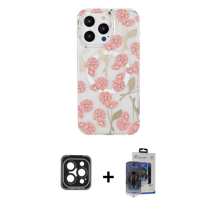 MARSİLYAN™- iPhone 15 Pro Max Kılıf Pusula Form - Siyah Vanessa Magic Cam + PVD Metal Kamera Lens - SH