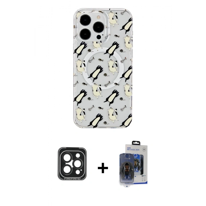 MARSİLYAN™- iPhone 15 Pro Max Kılıf Pusula Form - Siyah Vanessa Magic Cam + PVD Metal Kamera Lens - SH