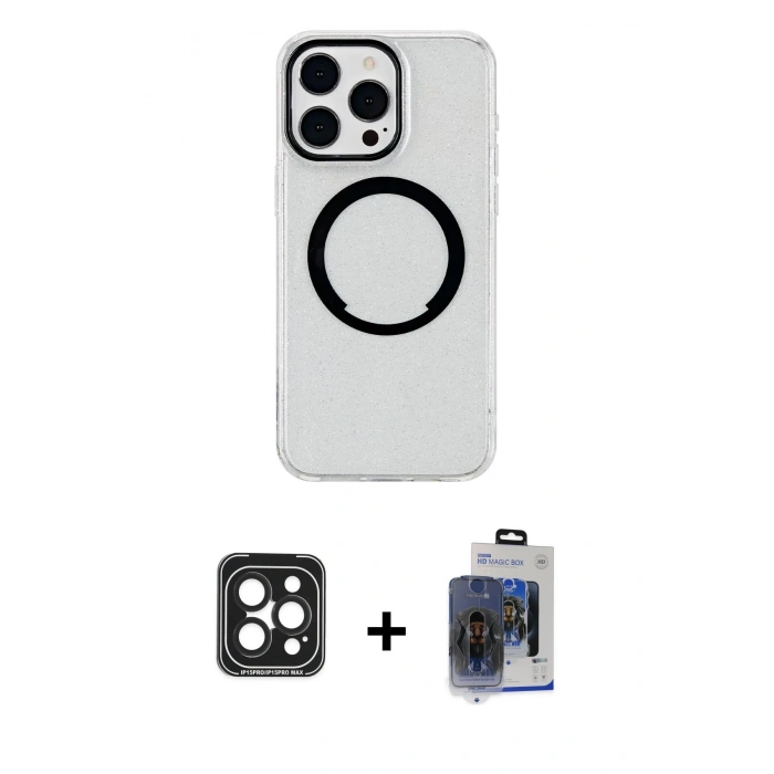 MARSİLYAN™- iPhone 15 Pro Max Kılıf Pusula Form - Siyah Vanessa Magic Cam + PVD Metal Kamera Lens - SH