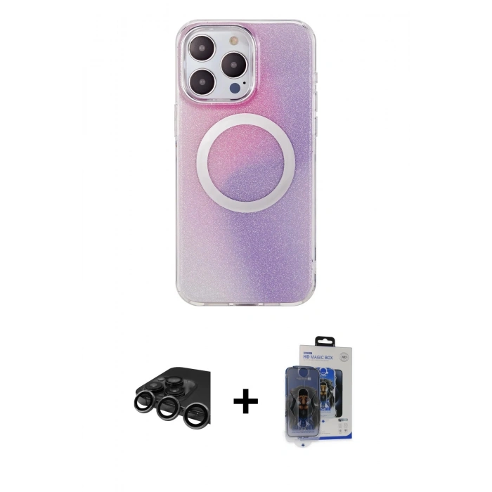 MARSİLYAN™- iPhone 15 Pro Max Kılıf Pusula Form - Siyah Vanessa Magic Cam + Raze Metal Kamera Lens - TMGI