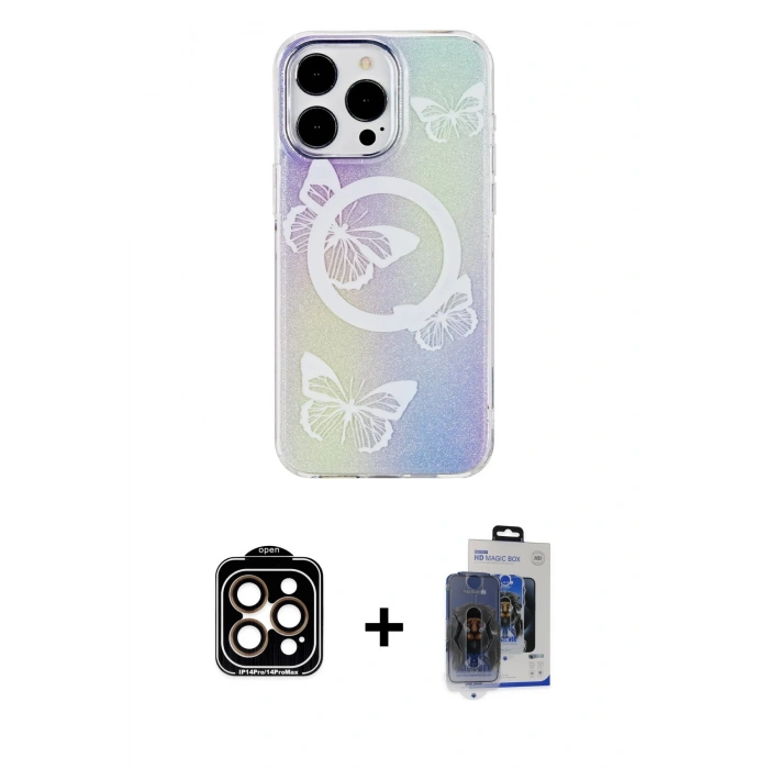 MARSİLYAN™- iPhone 15 Pro Max Kılıf Pusula Form - Siyah Vanessa Magic Cam + Turuncu PVD Metal Kamera Lens