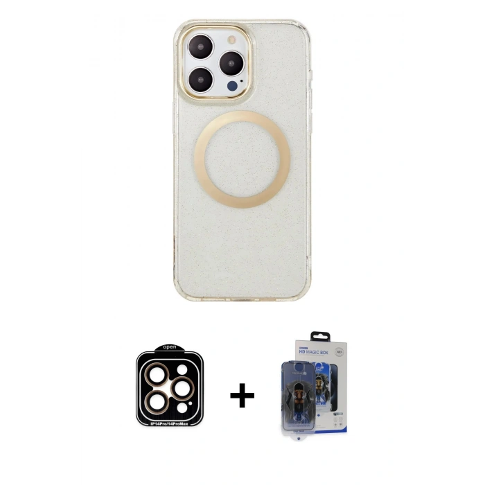 MARSİLYAN™- iPhone 15 Pro Max Kılıf Pusula Form - Siyah Vanessa Magic Cam + Turuncu PVD Metal Kamera Lens