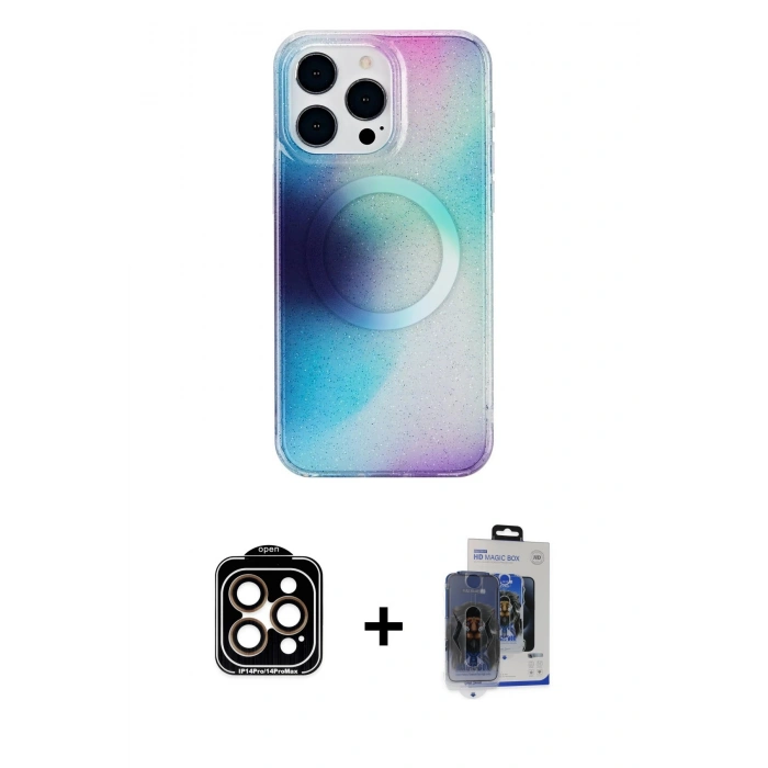 MARSİLYAN™- iPhone 15 Pro Max Kılıf Pusula Form - Siyah Vanessa Magic Cam + Turuncu PVD Metal Kamera Lens