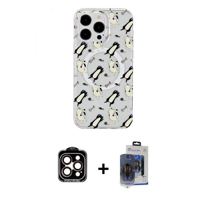 MARSİLYAN™- iPhone 15 Pro Max Kılıf Pusula Form - Siyah Vanessa Magic Cam + Turuncu PVD Metal Kamera Lens