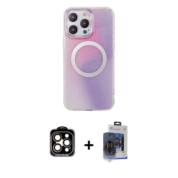 MARSİLYAN™- iPhone 15 Pro Max Kılıf Pusula Form - Siyah Vanessa Magic Cam + Turuncu PVD Metal Kamera Lens
