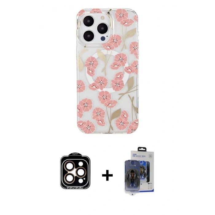 MARSİLYAN™- iPhone 15 Pro Max Kılıf Pusula Form - Siyah Vanessa Magic Cam + Turuncu PVD Metal Kamera Lens