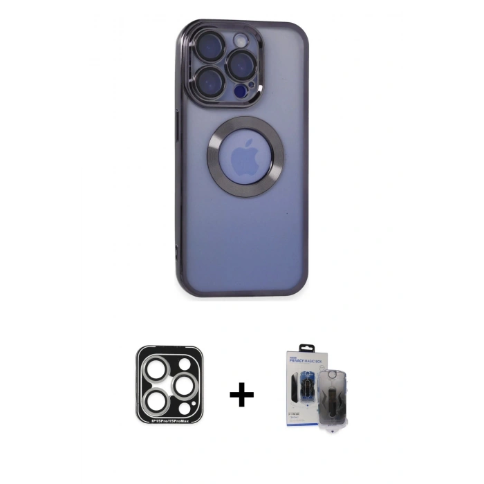 MARSİLYAN™- iPhone 15 Pro Max Kılıf Pusula Form - Siyah Vanessa Magic Hayalet Cam + PVD Metal Kamera Lens - GS