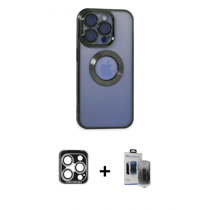 MARSİLYAN™- iPhone 15 Pro Max Kılıf Pusula Form - Siyah Vanessa Magic Hayalet Cam + PVD Metal Kamera Lens - GS