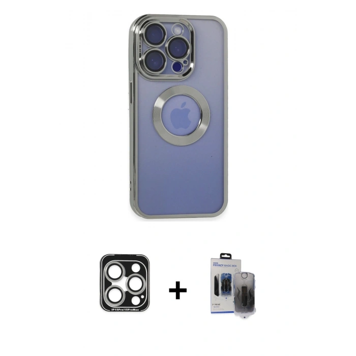 MARSİLYAN™- iPhone 15 Pro Max Kılıf Pusula Form - Siyah Vanessa Magic Hayalet Cam + PVD Metal Kamera Lens - GS