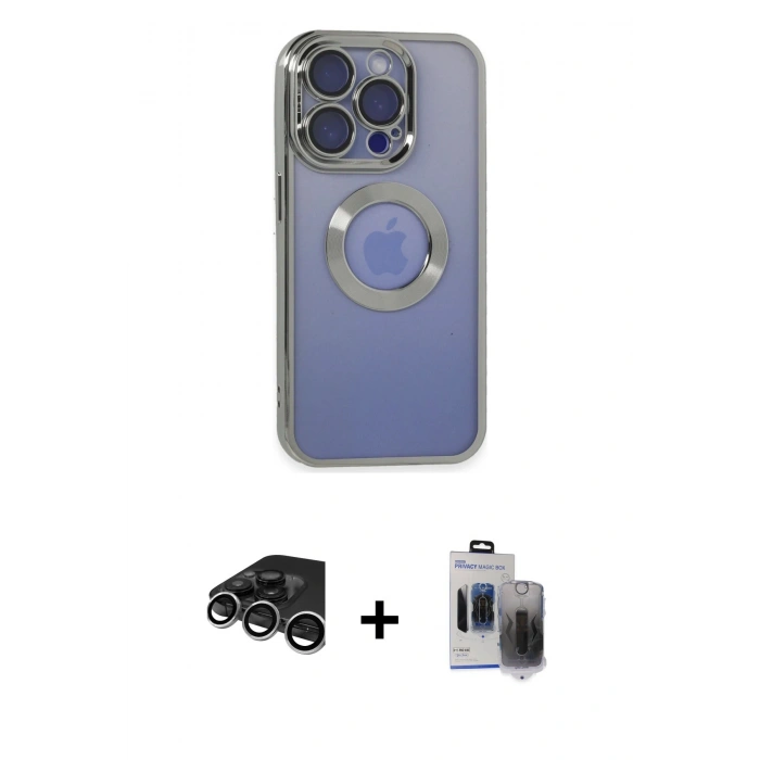 MARSİLYAN™- iPhone 15 Pro Max Kılıf Pusula Form - Siyah Vanessa Magic Hayalet Cam + Gümüş Raze Metal Kamera Lens